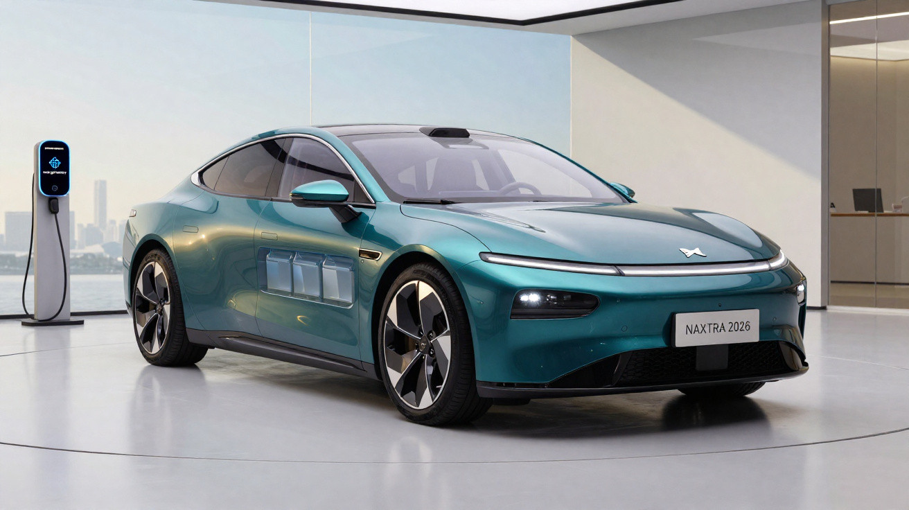 Sleek turquoise electric sports car charging indoors next to a modern electric vehicle charging station.