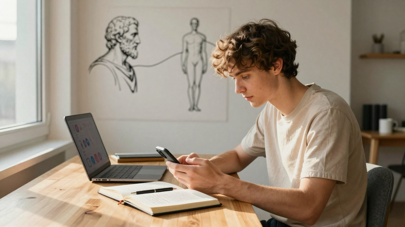 Young man sitting at desk using smartphone with laptop and open notebook in home study room.