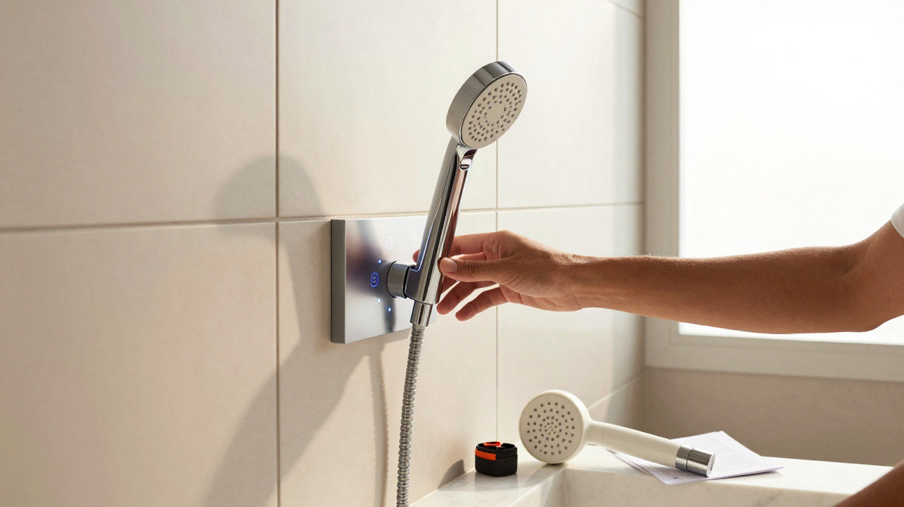 Hand adjusting a modern digital shower head mounted on a tiled bathroom wall near a window.