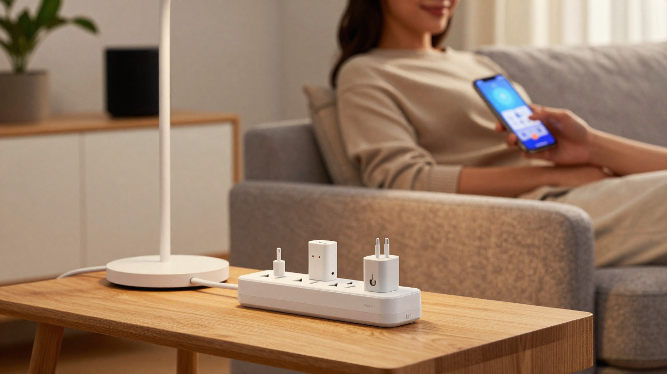 White power strip with plugs on wooden table in living room, woman using smartphone in background.
