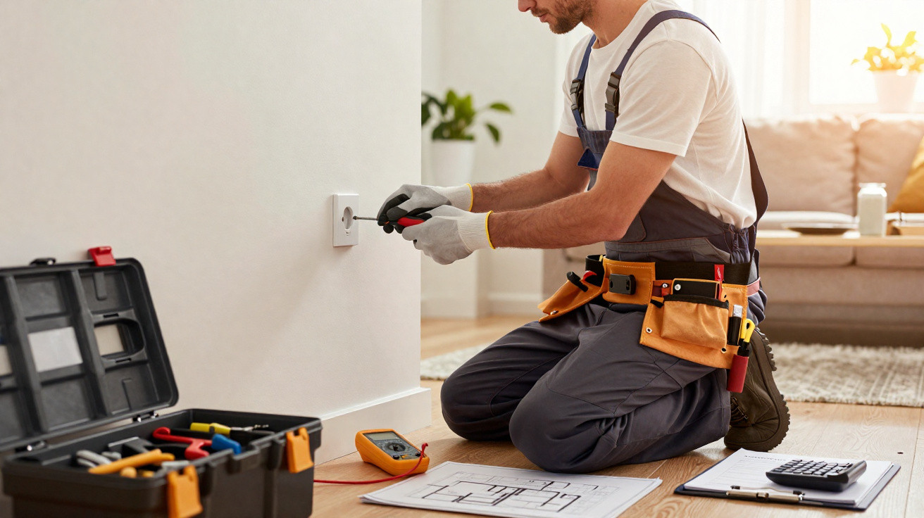 Electrician in overalls installing a wall socket with tools and wiring plans on the floor nearby.