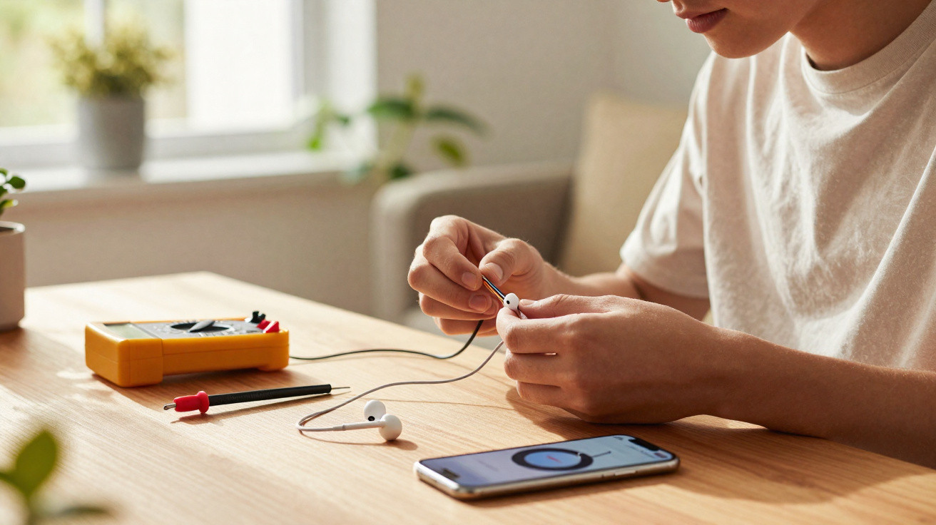 Person testing white earphones at a wooden table with a smartphone and a yellow multimeter nearby.
