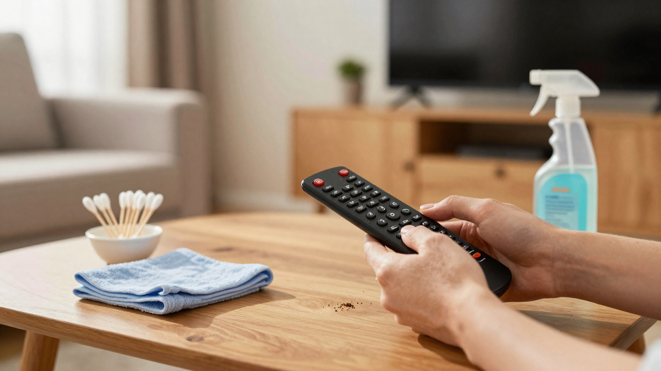 Hands holding a TV remote over a wooden table with cleaning cloth, cotton buds, and spray bottle in a living room.
