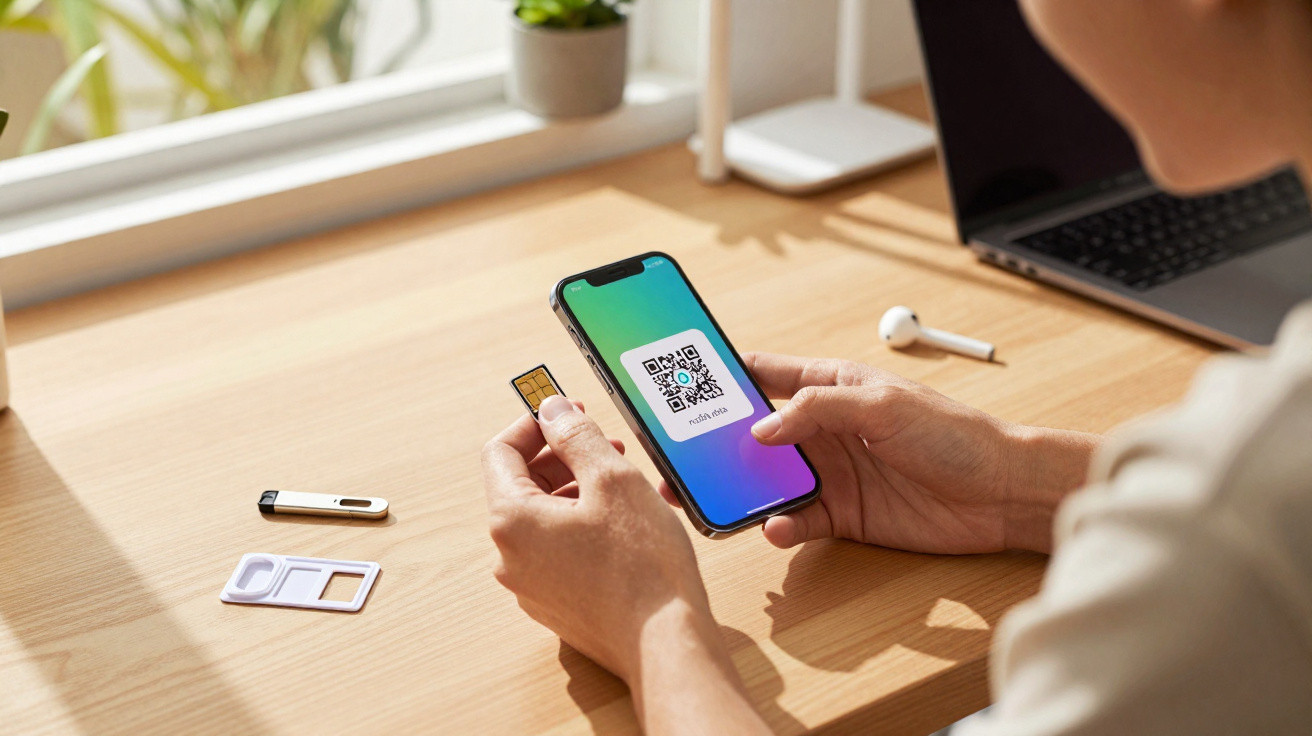 Person holding a smartphone displaying a QR code and a SIM card at a wooden desk with tech accessories nearby.