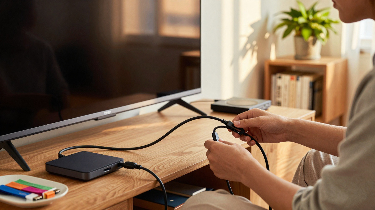 Person connecting a cable to a slim black media player on a wooden TV stand next to a large television.