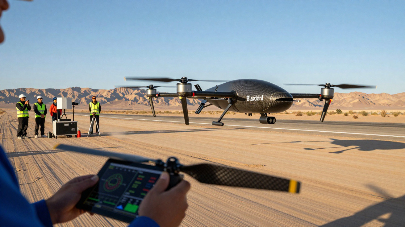 Remote-controlled drone labeled Blackbird flying over a desert runway with observers in high-visibility vests.