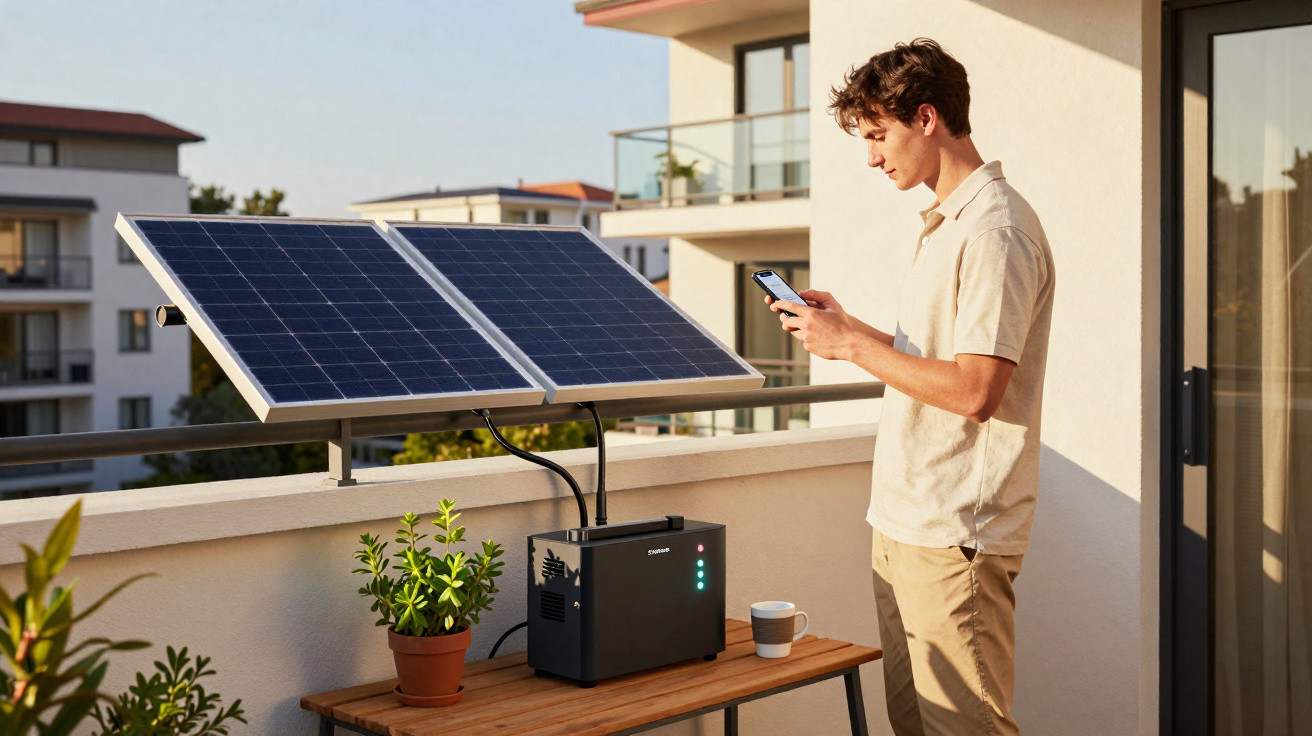 Young man checking phone next to a small solar panel and portable power station on a balcony table.