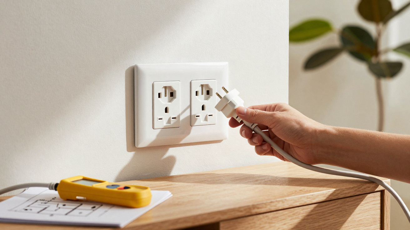Hand plugging a white three-pin plug into a double electrical socket on a cream wall above a wooden surface.