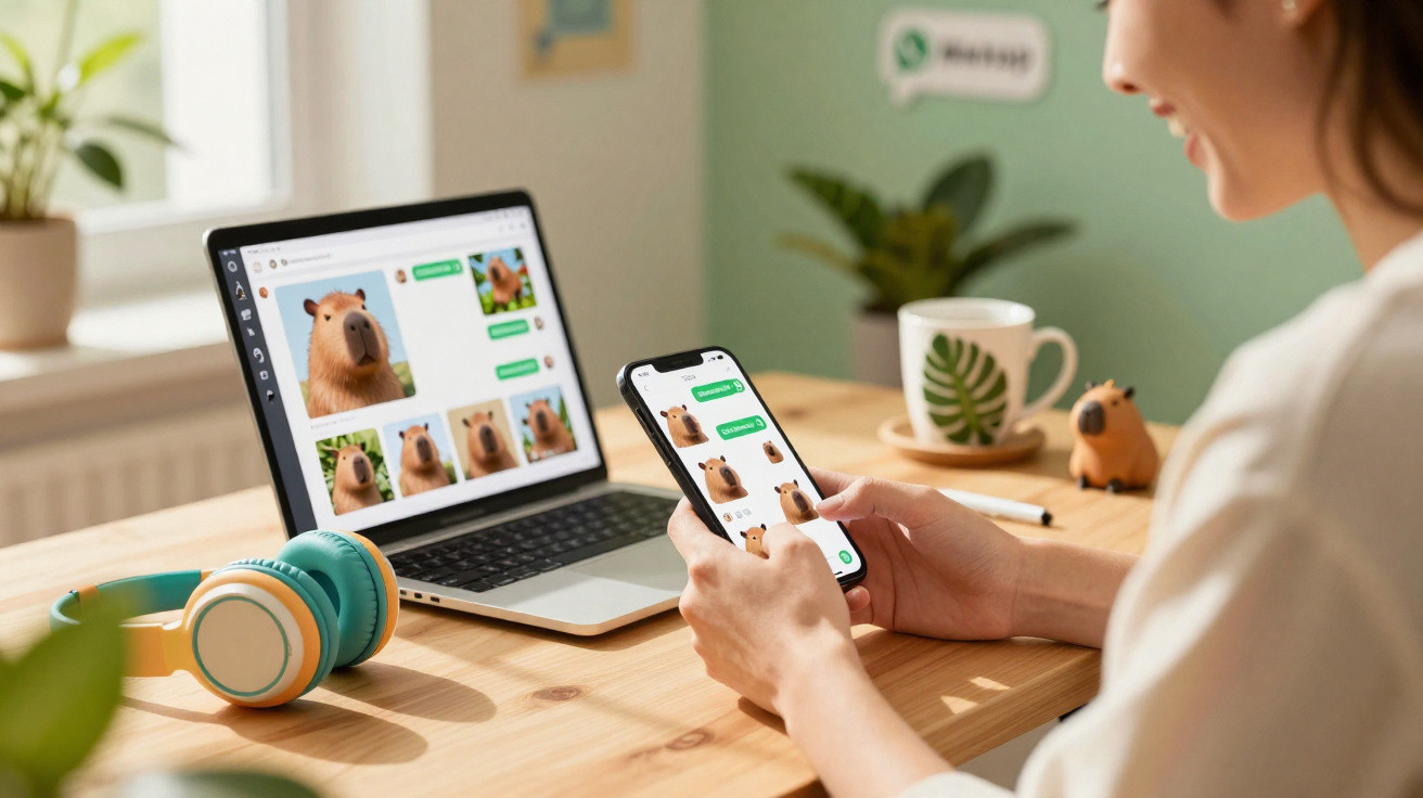 Person using a smartphone and laptop displaying multiple images of a capybara on a wooden desk with headphones and a mug.