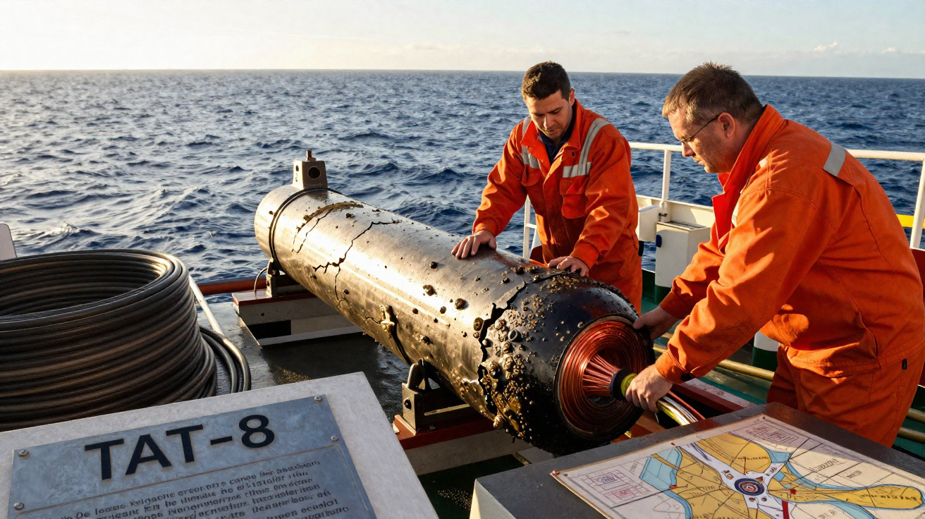 Two men in orange coveralls examine a large, barnacle-covered cylindrical object on a boat at sea.