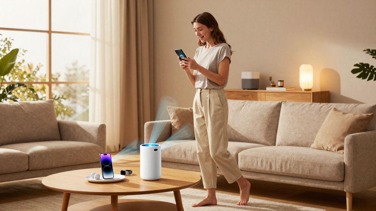 Woman controlling a white air purifier with a smartphone in a bright, modern living room.