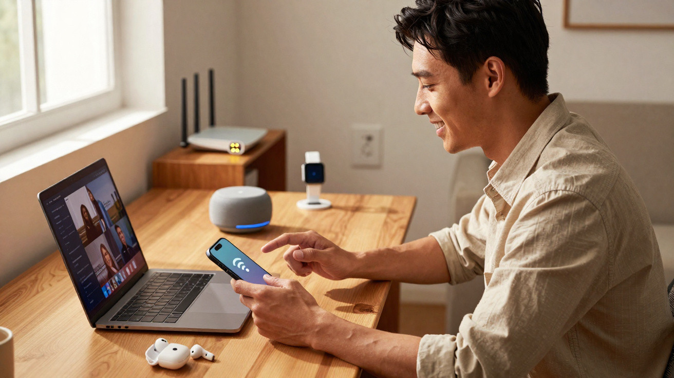 Man smiling using smartphone during video conference on laptop at wooden desk with wireless earbuds nearby