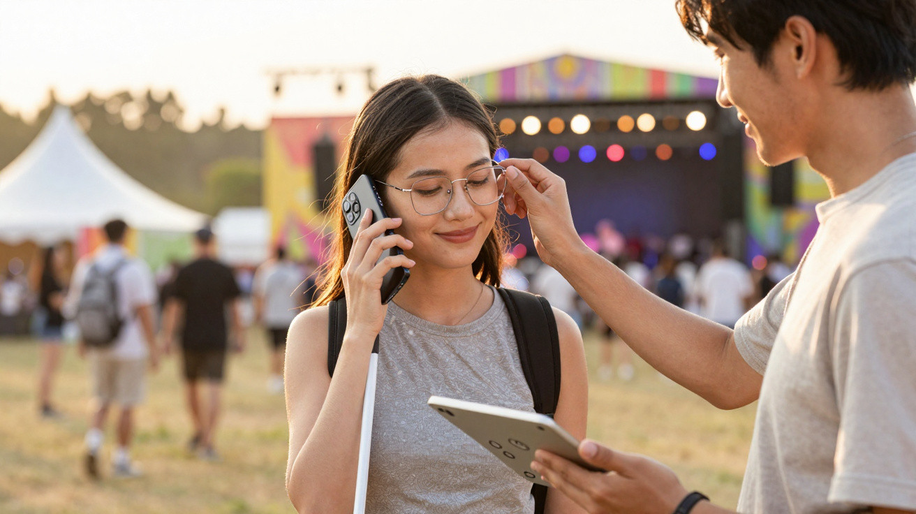 Young woman talking on phone while a man adjusts her glasses at an outdoor music festival.
