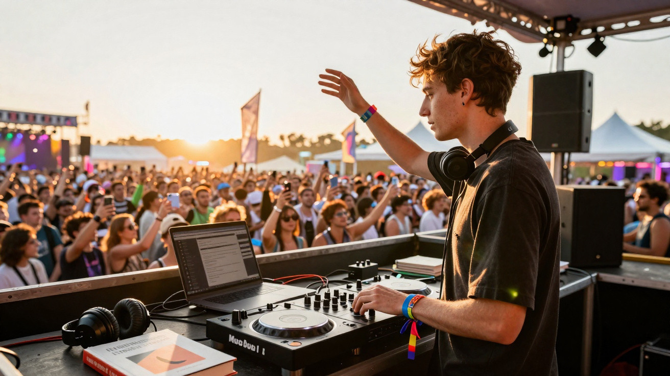 Young DJ performing at outdoor music festival with crowd dancing and cheering at sunset.
