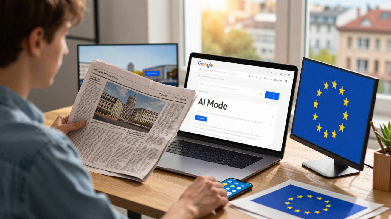Person reading a newspaper at a desk with a laptop showing Google AI Mode and two screens displaying the EU flag.
