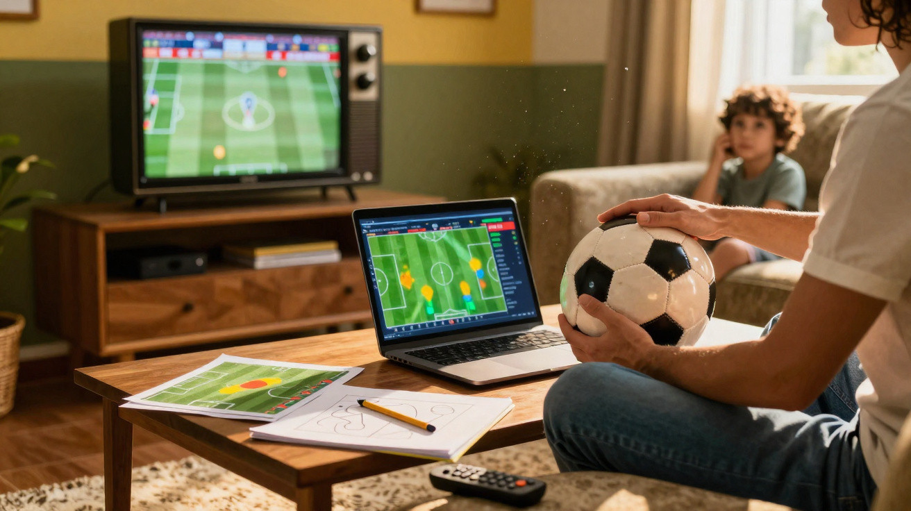 Person holding a football while analysing tactics on a laptop, with a football match on TV in the background.