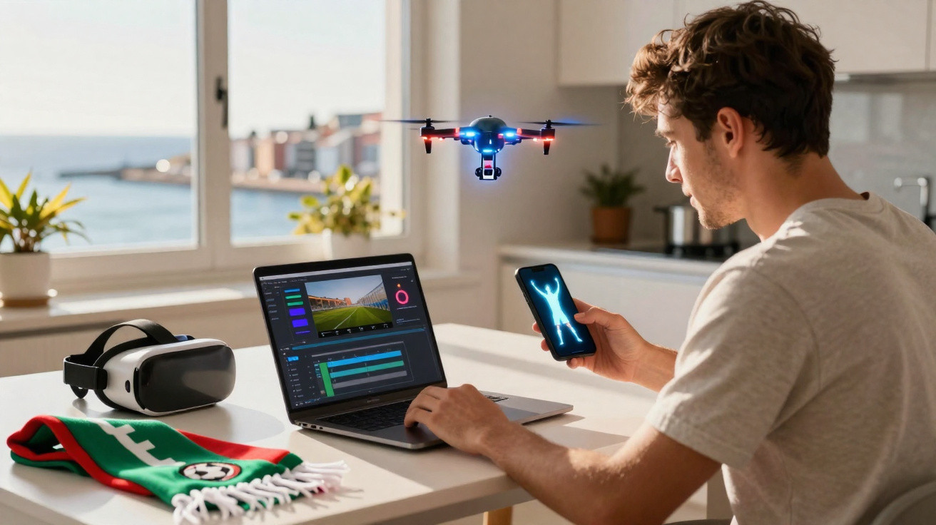 Man using smartphone and laptop with drone flying over table in bright kitchen room