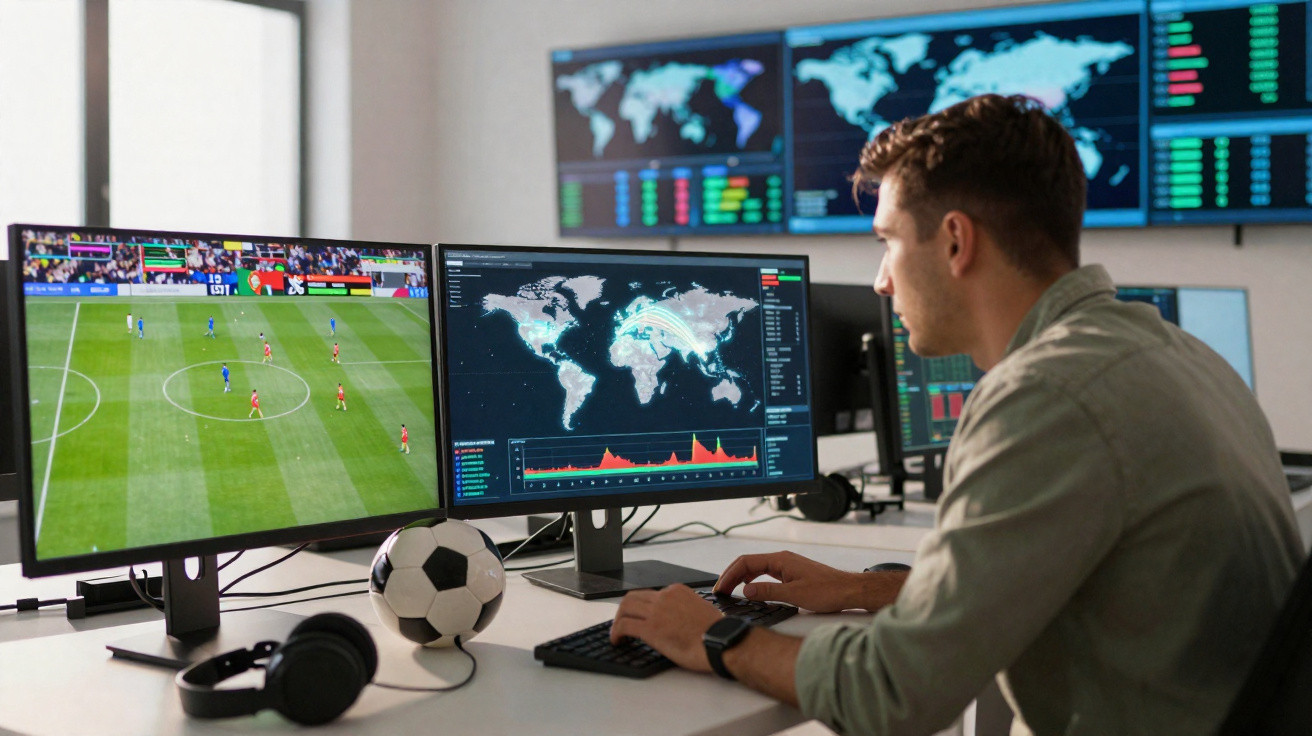 Man analysing global data and watching a football match on dual computer screens in an office.