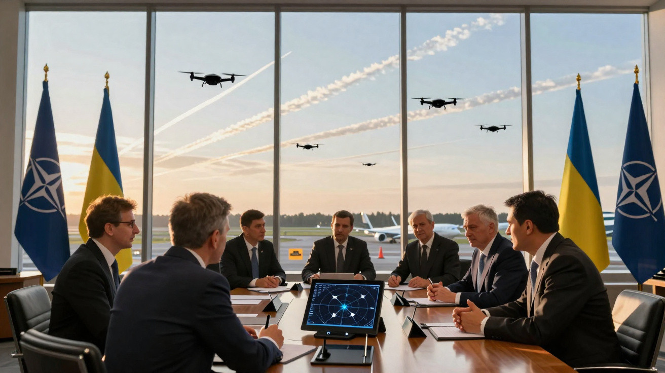 Group of men in suits having a meeting with drones flying outside a window displaying NATO and Ukraine flags.