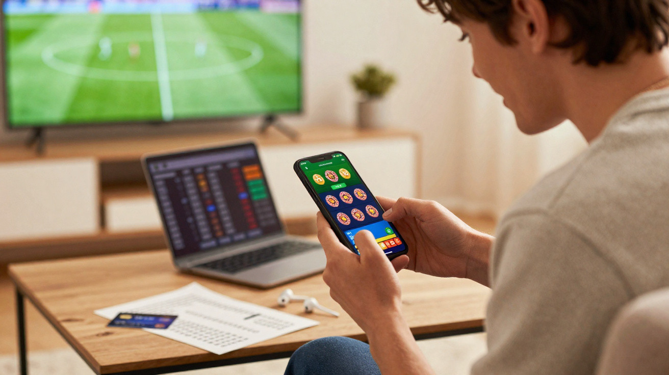 Person playing a mobile game with a laptop showing stock data and a TV displaying a football match in the background.
