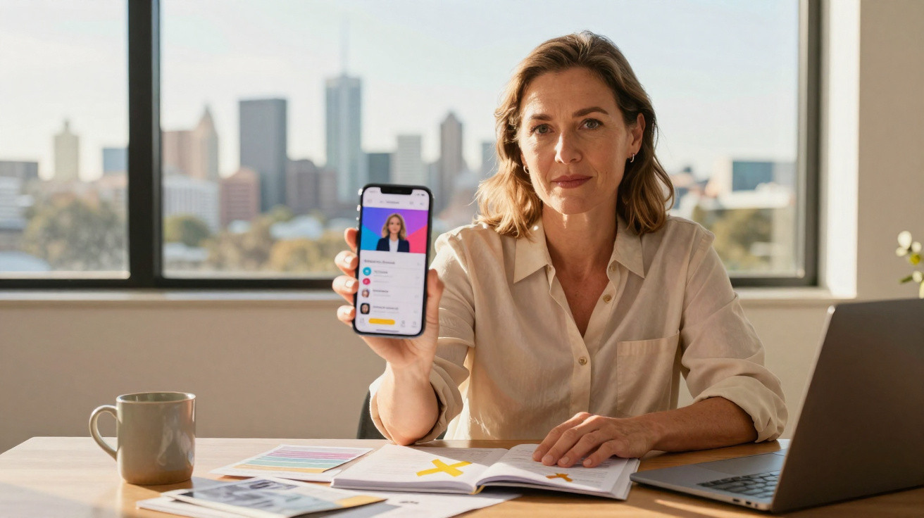 Woman in office showing a phone screen with a video call, sitting at a desk with open book and laptop.