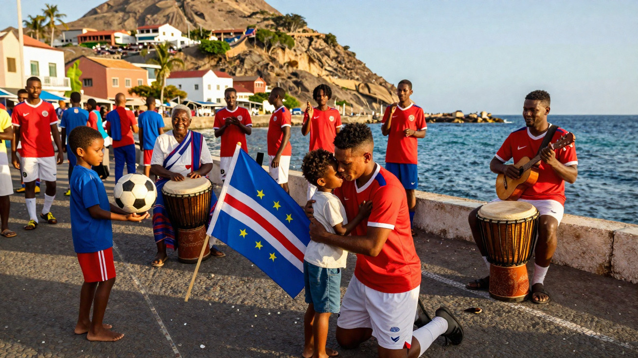 Group of people in red sportswear by the sea with a Cape Verde flag, drum, guitar, and football on a sunny day.