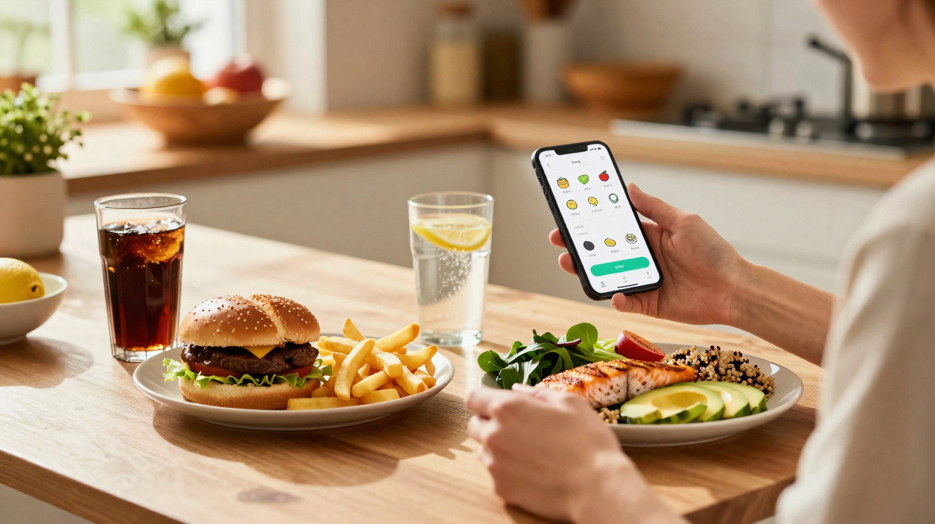 Person choosing healthy food options on a phone app with a burger meal and a grilled salmon meal on the table.