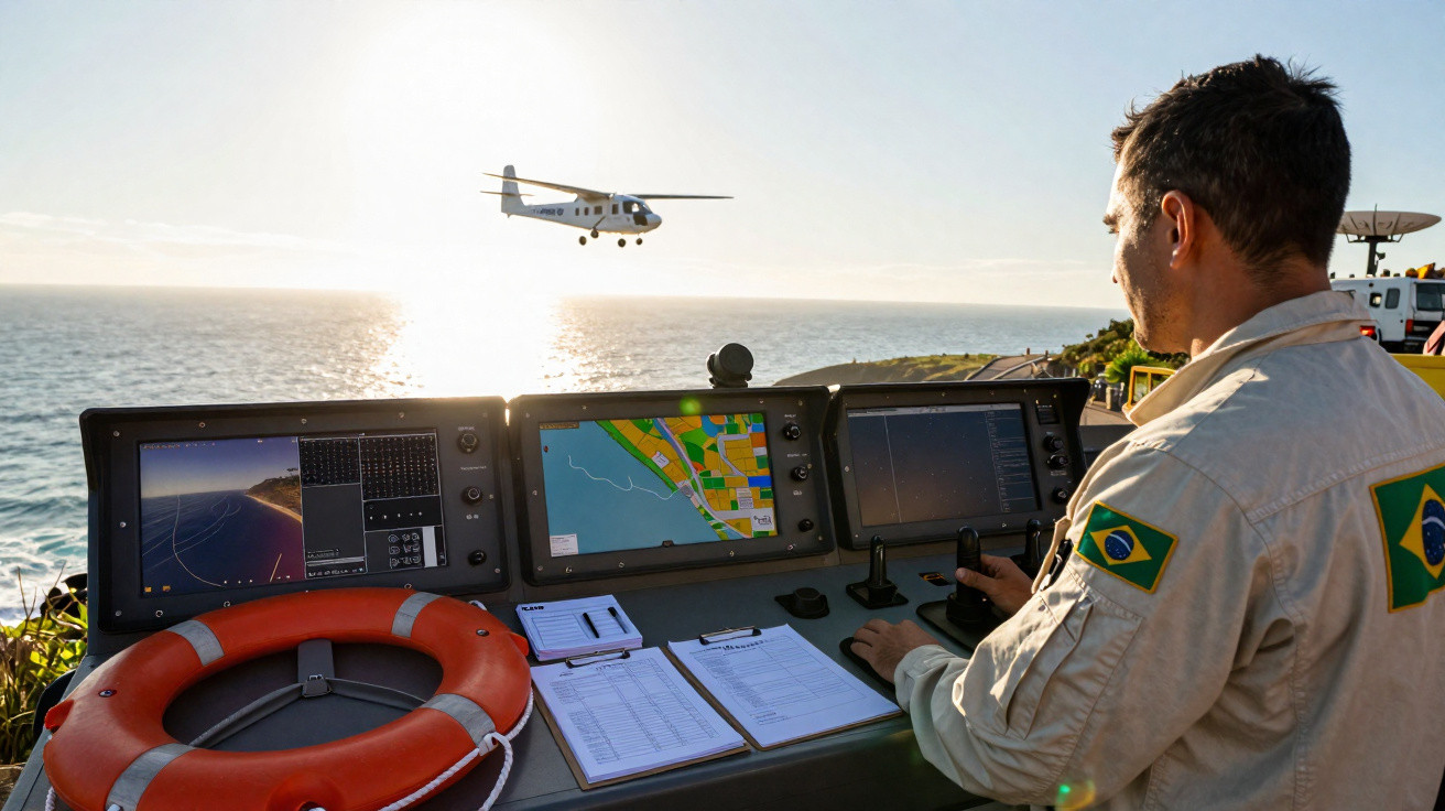 Man in Brazilian uniform operating helicopter controls near ocean with helicopter flying ahead at sunset