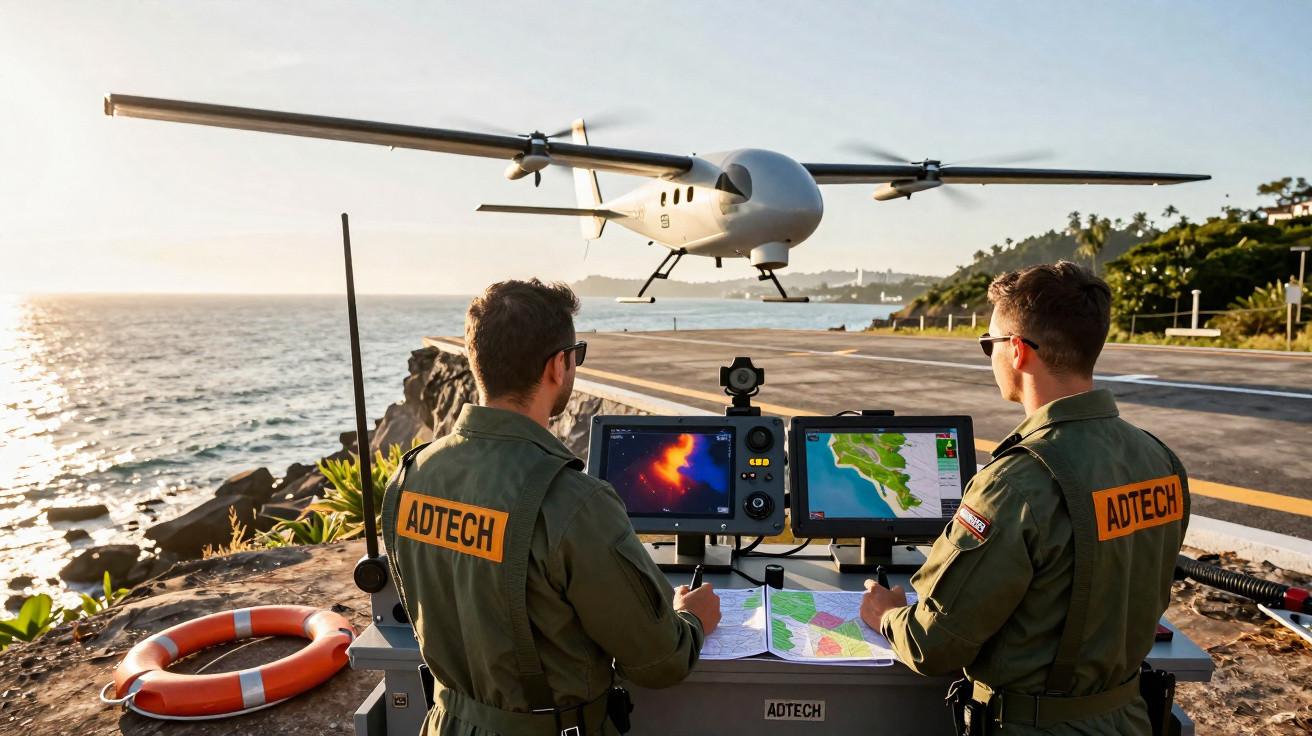 Two ADTECH operators control a drone flying over a coastal cliff at sunset using monitors and maps.