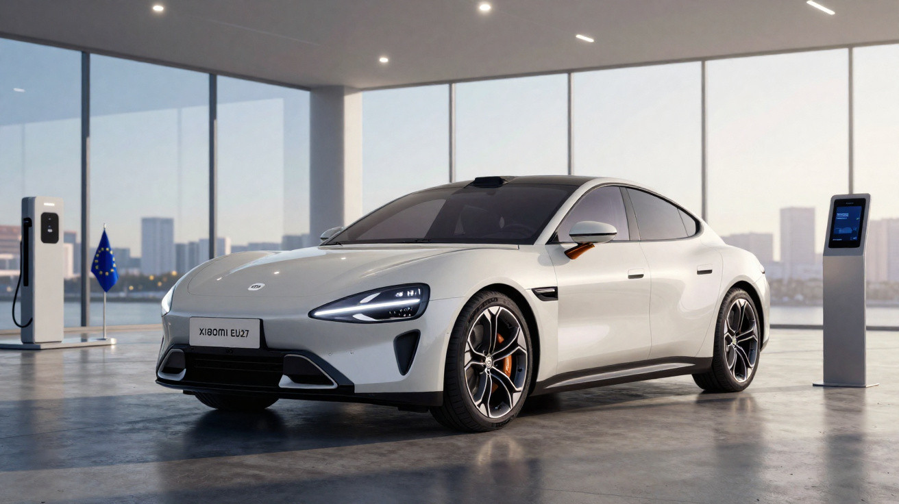 Silver electric sports car parked inside a modern showroom with charging stations and cityscape views.