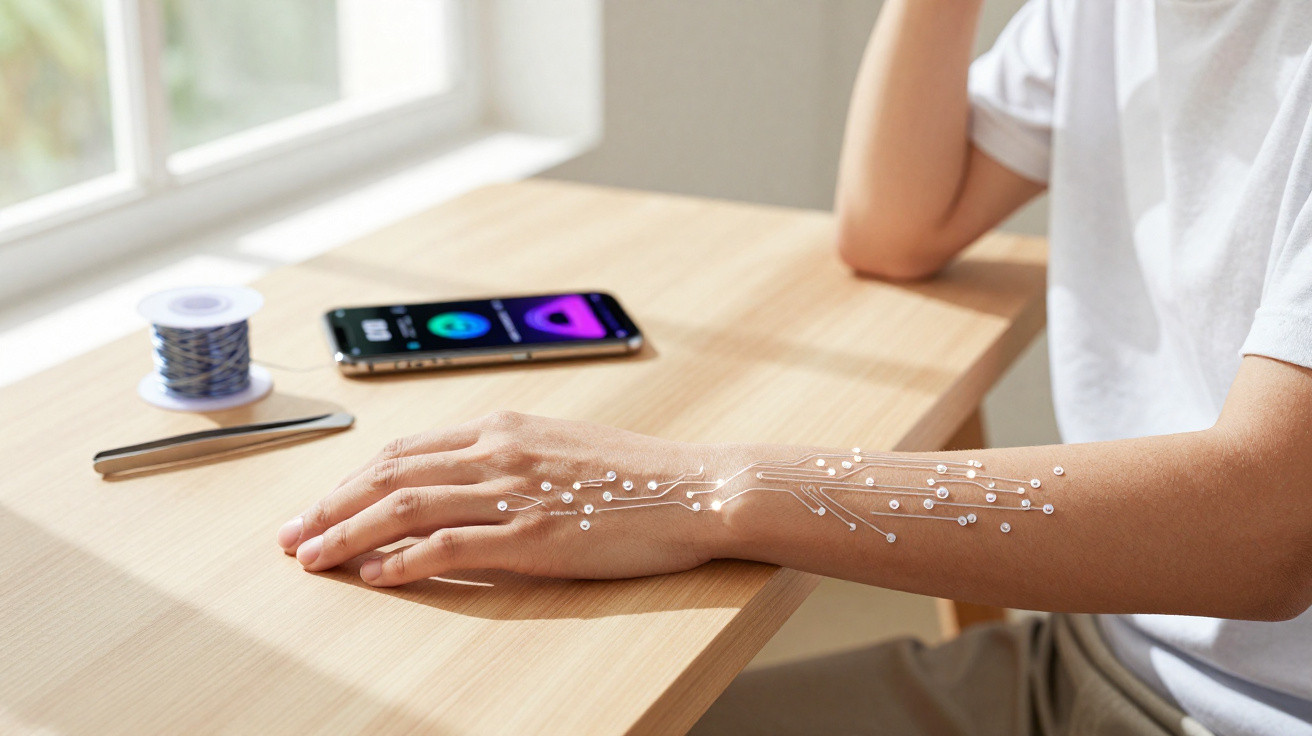 Person’s arm resting on a table with digital circuit graphics overlay, next to a smartphone and tools.