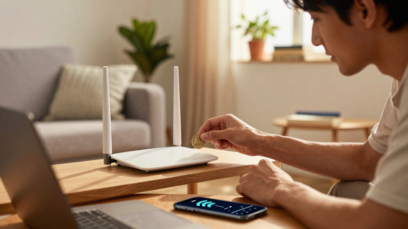 Person inserting a coin into a wireless router on a wooden table beside a smartphone and laptop in a living room.