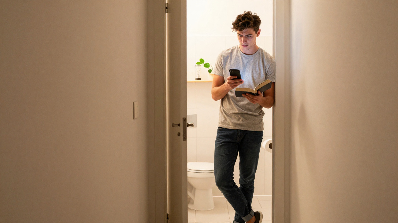 Young man standing in a bathroom reading a book and using a smartphone, viewed through an open doorway.