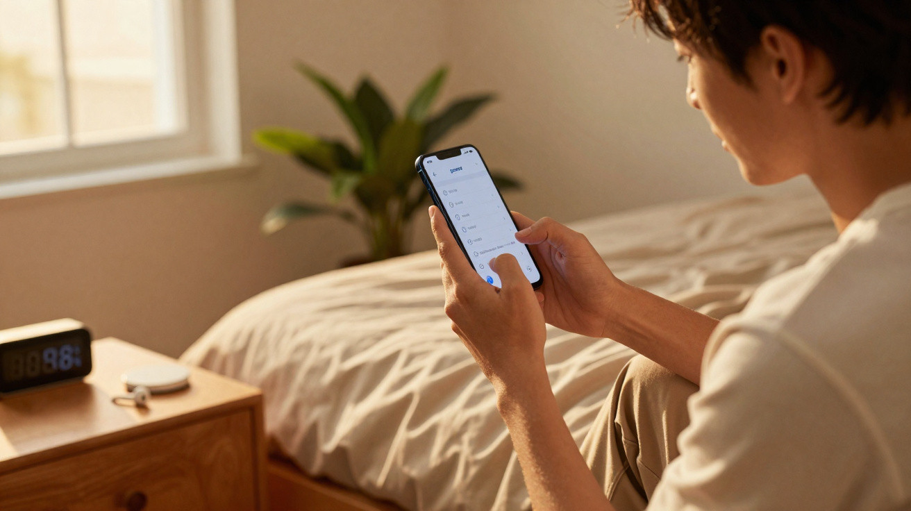 Person sitting on a bed using a smartphone with a bedside table, clock, and plant in the background.
