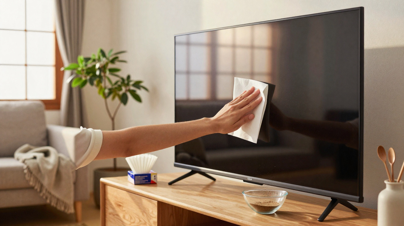 Person cleaning a flat-screen TV with a cloth in a cosy living room with plants and a sofa.