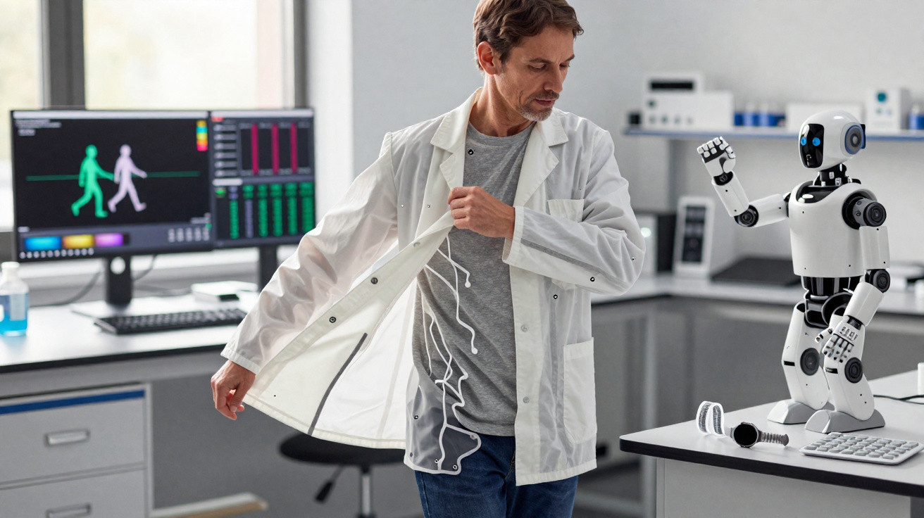 Scientist fitting wearable sensors under coat sleeve in lab as humanoid robot waves from table.
