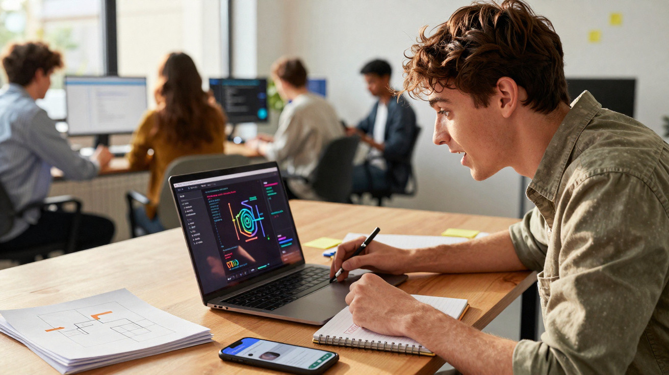 Young man working on coding and design on a laptop with colleagues collaborating in the background.