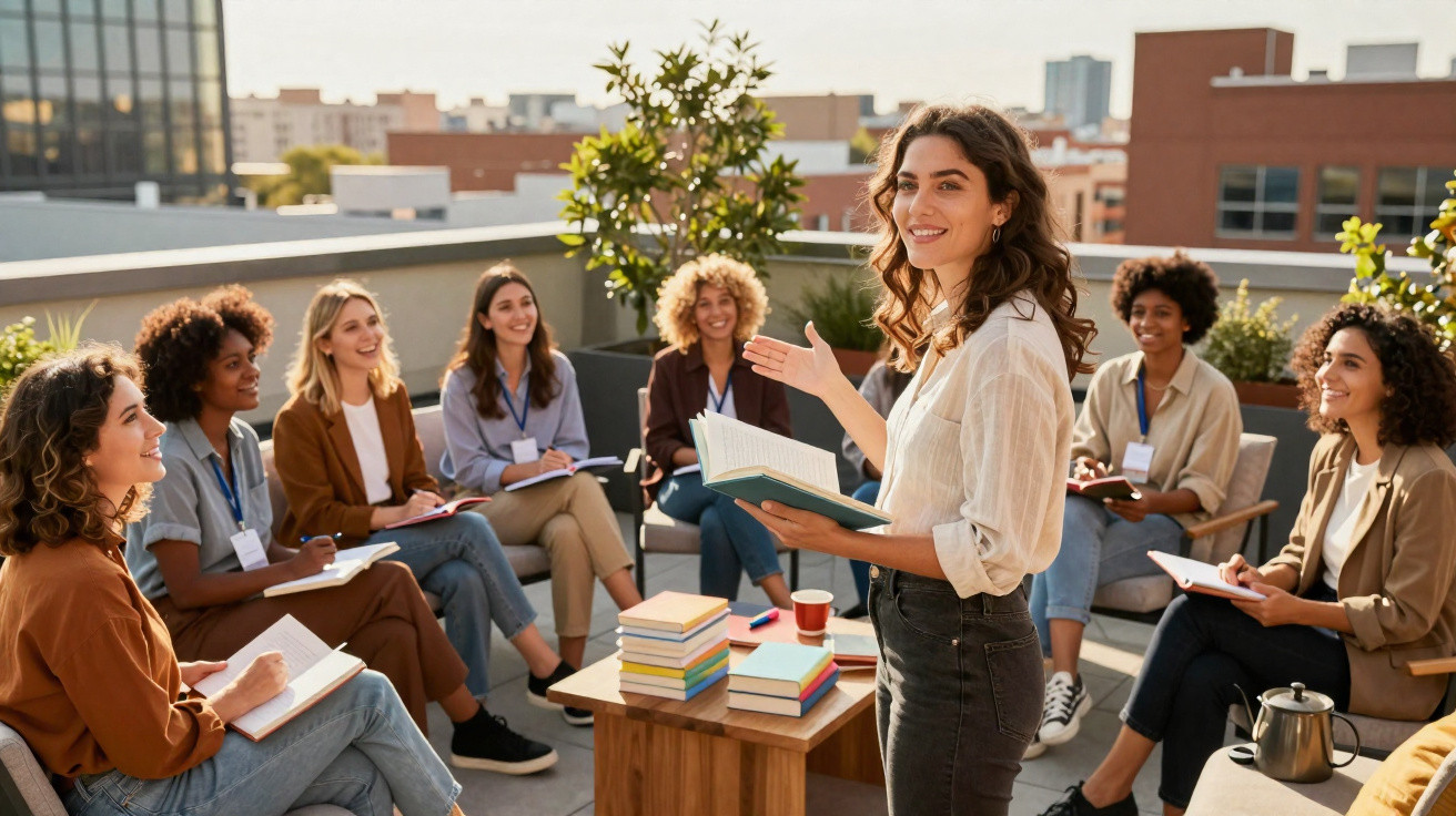 Woman leading an outdoor book club discussion with a diverse group of women seated in a circle on a rooftop.
