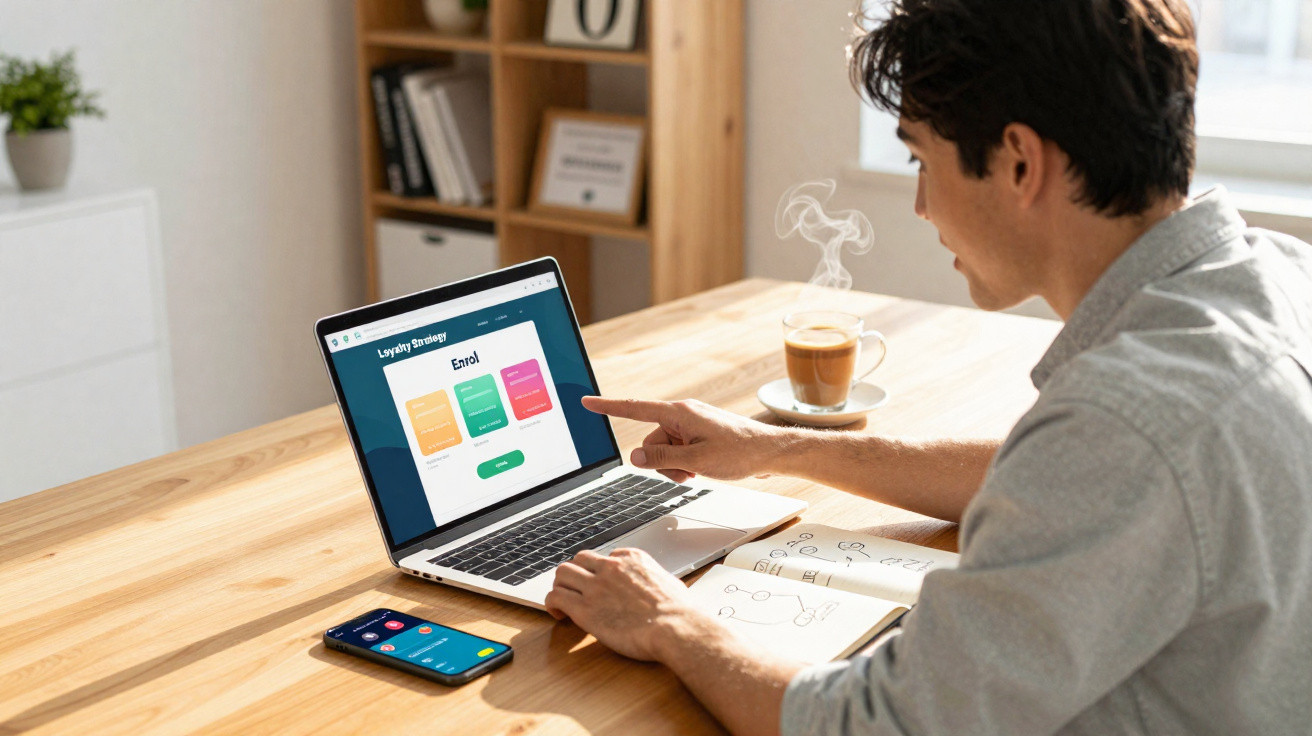Man pointing at laptop screen displaying loyalty strategy enrolment options with coffee and smartphone nearby