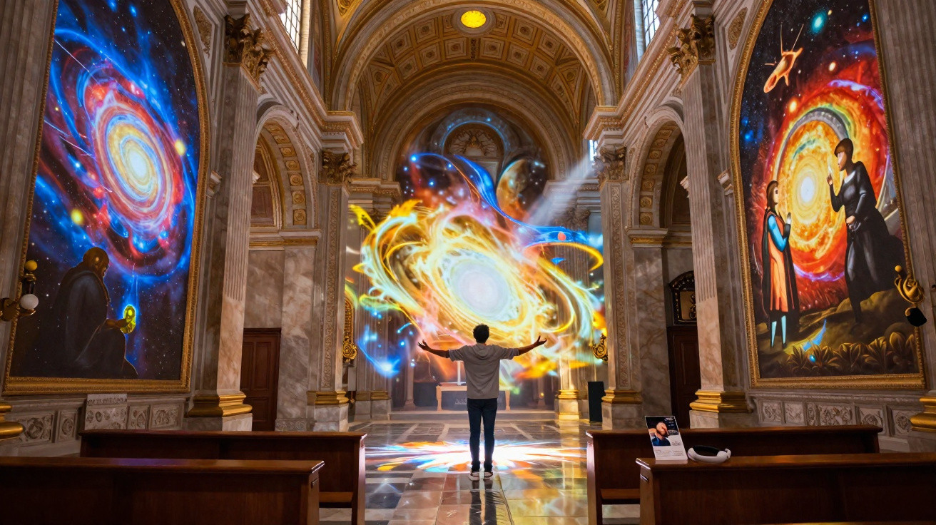 Person stands with arms outstretched in a grand hall illuminated by vibrant cosmic and galaxy-themed digital art projections.