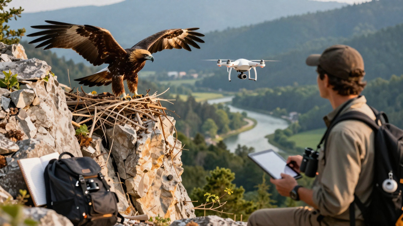 Wild eagle perched on a rocky nest with wings spread as a drone hovers nearby, observed by a person with binoculars.