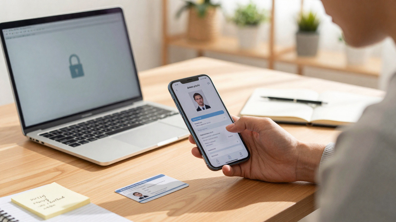 Person holding smartphone displaying digital ID next to physical ID card and laptop with security lock icon on screen.