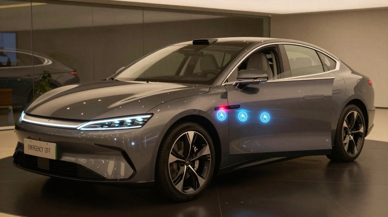 Sleek grey electric car with LED lights on front and side, displayed indoors on shiny floor.