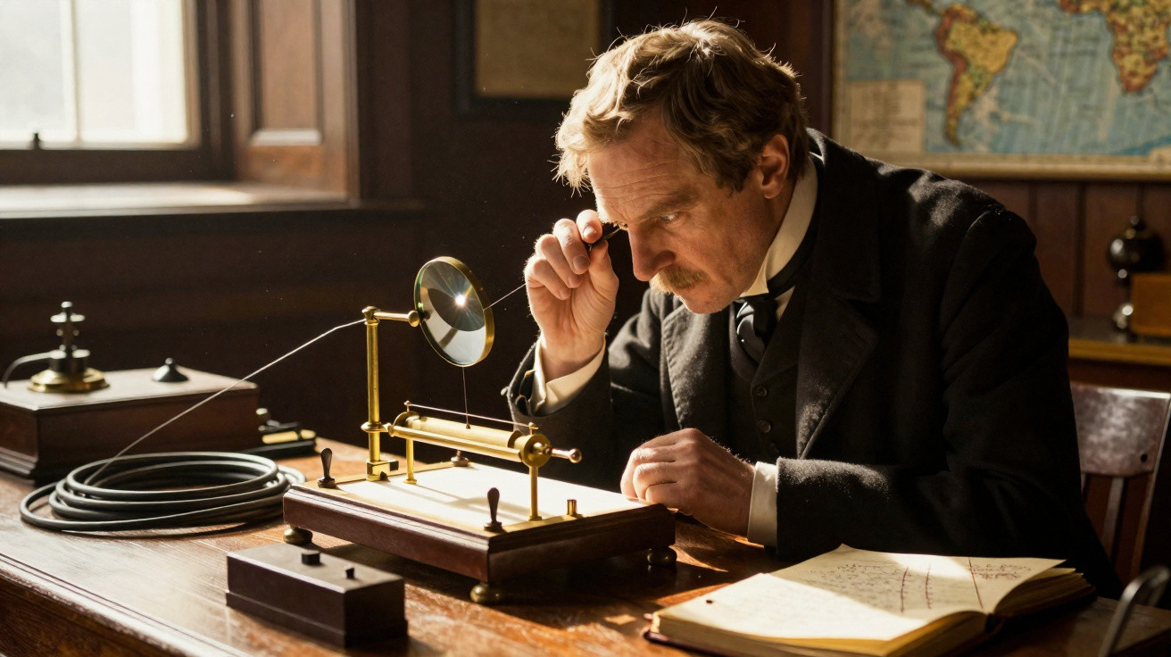 A man in Victorian attire examines a telegraph apparatus at a wooden desk in a vintage study.
