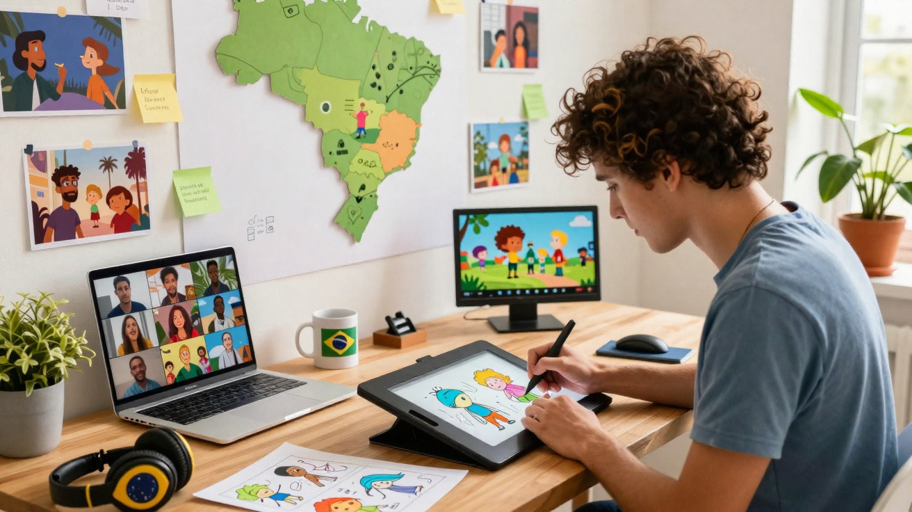 Person drawing colourful cartoon characters on a digital tablet at a desk with a laptop and monitor.