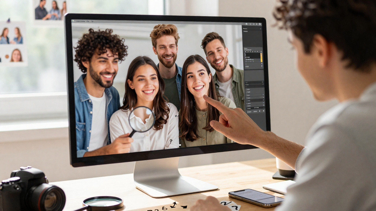 Person editing a group photo of five smiling friends on a computer screen in a bright office.