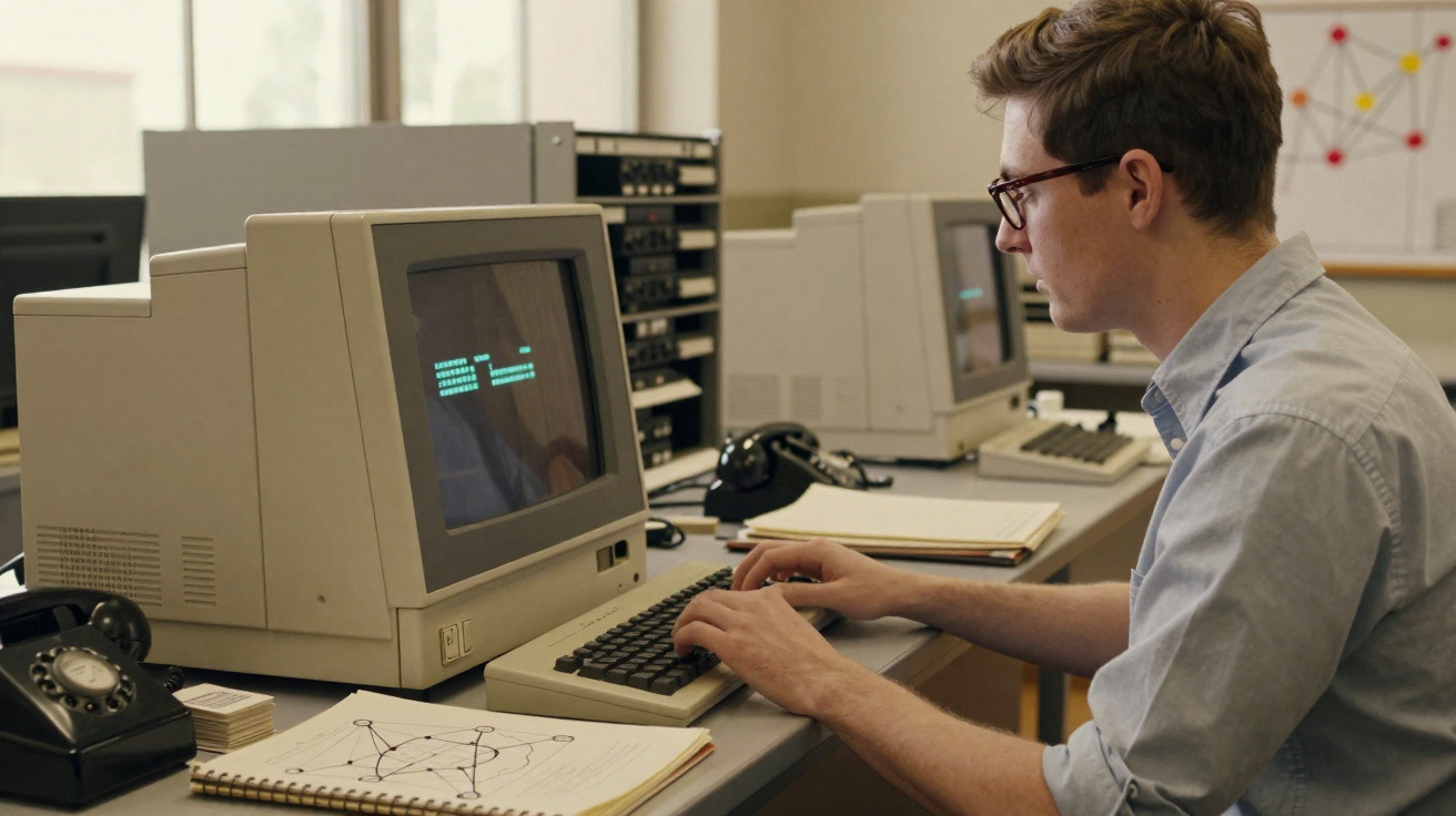 Man using a vintage computer with green text on screen in an office setting with notebooks and rotary phones.