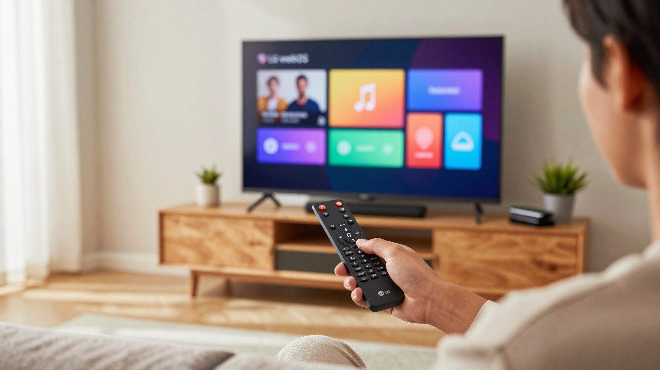 Person holding a remote control, facing a smart TV displaying colorful app icons on the screen.