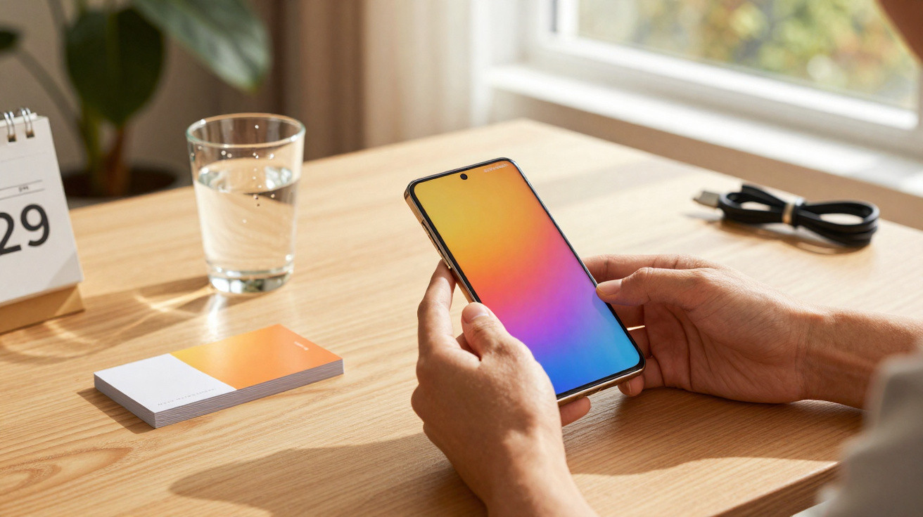 Person holding smartphone with colourful screen at wooden desk with glass of water, calendar and cable.