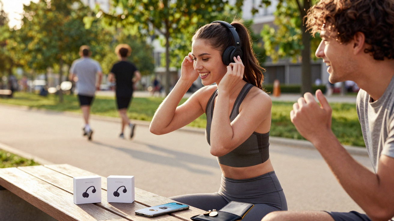 Young woman wearing wireless headphones sitting on a bench outdoors, smiling and adjusting the headphones.